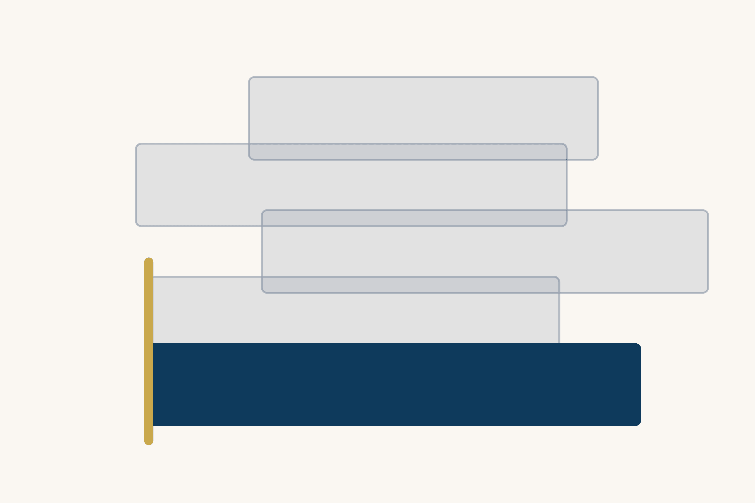Four translucent grey slabs sit unevenly stacked above one solid dark blue slab on a cream ground. A thin gold upright runs down the left edge of the lowest layers.