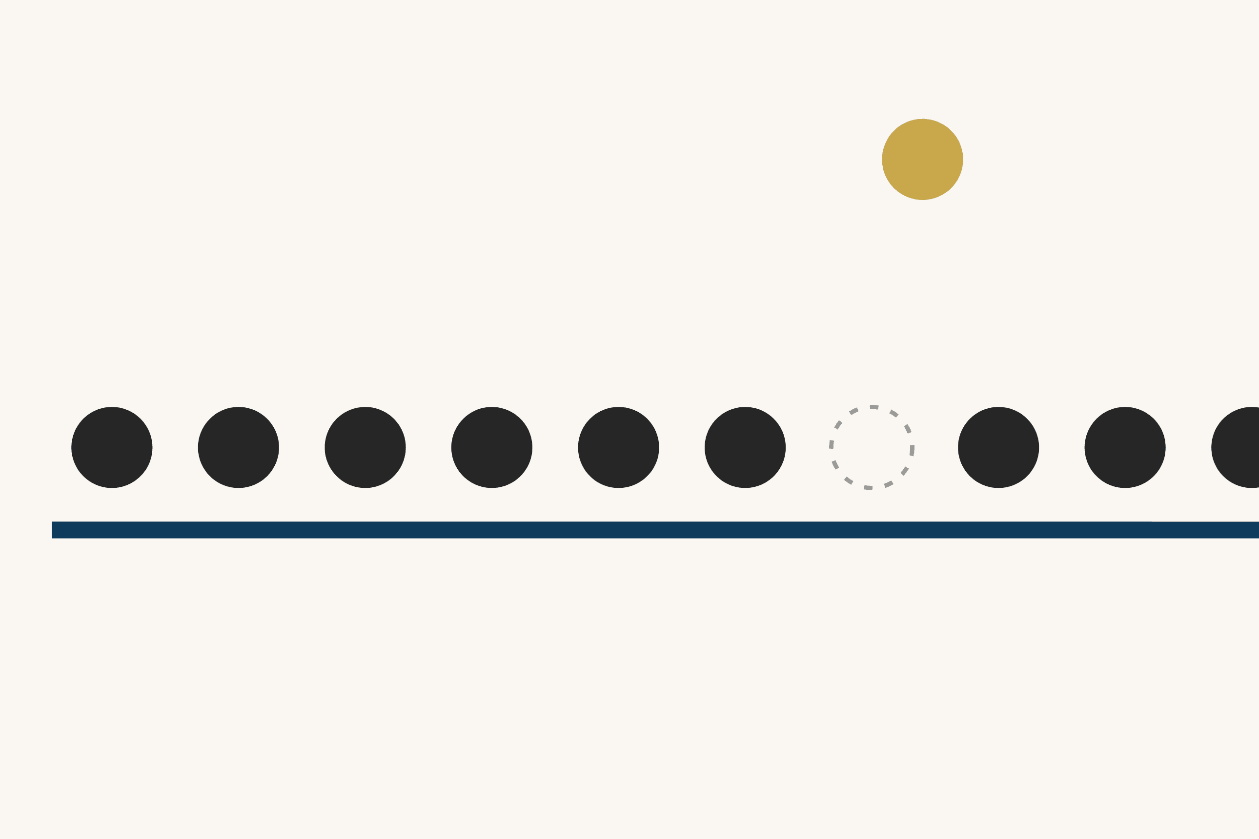 A row of dark circles stands on a deep blue line across a cream ground. One place in the row is an empty dashed outline, and a gold circle floats above and to the right of the gap, as if one person has stepped out of the line.