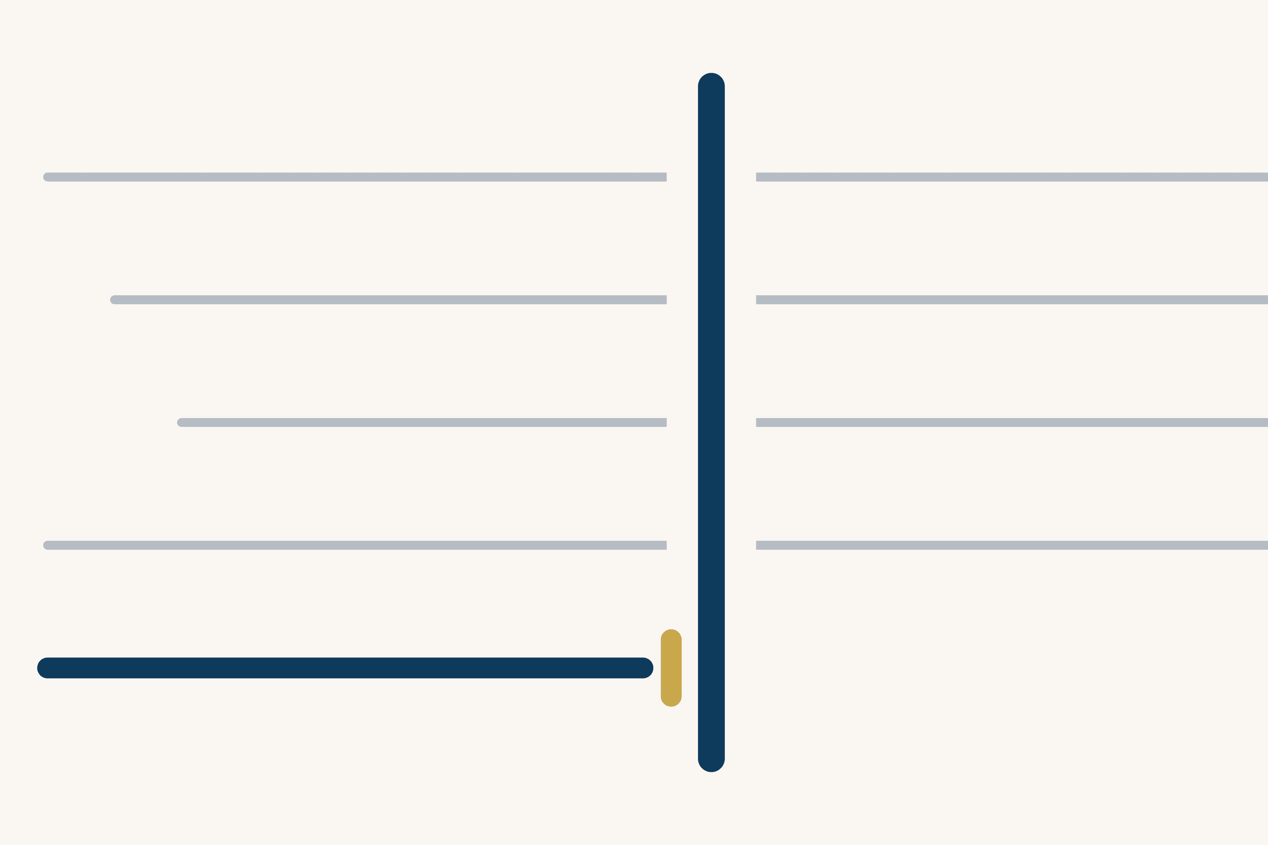 Four grey lines run left to right across a cream ground and pass through a tall dark blue bar. A fifth line, dark blue and set below the others, stops just short of the bar, held by a short gold stop.