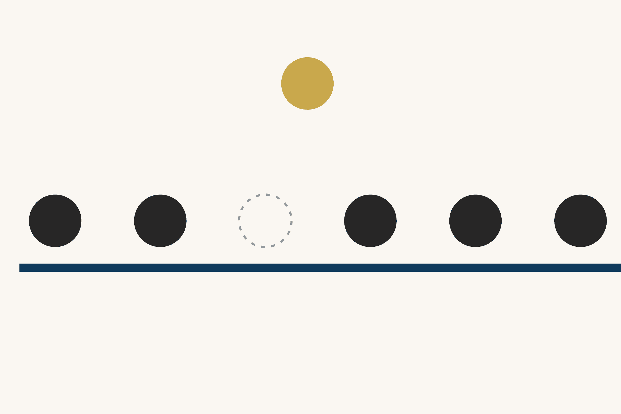 Six round figures stand in a line on a dark blue rule across a cream ground. Five are dark grey; the third place is an empty dashed outline, and the figure who stood there floats above the line in gold.