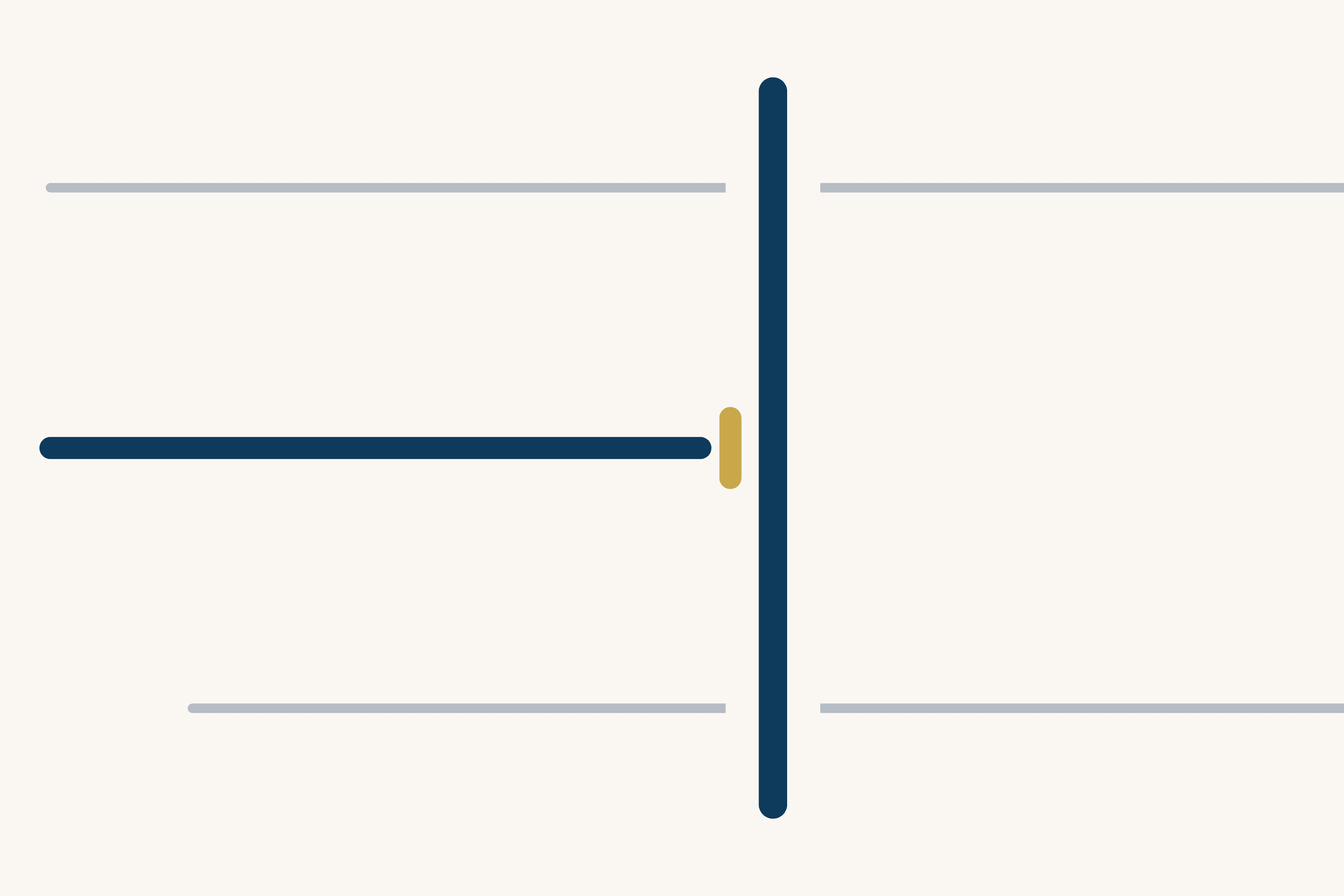 Three lines run left to right across a cream ground toward a tall dark blue bar. The top and bottom lines are grey and continue past it. The middle line is dark blue and stops at the bar, held by a short gold stop.