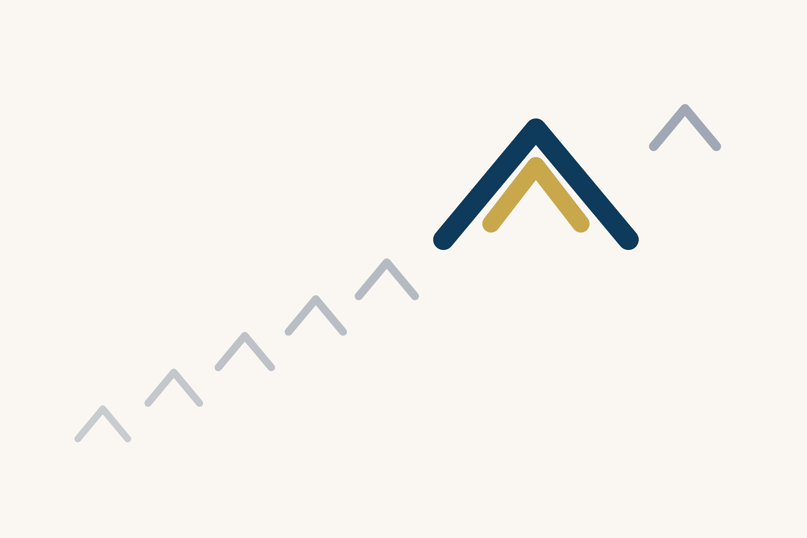 Grey carets climb in a line from the lower left of a cream ground toward a large dark blue caret with a smaller gold caret nested inside it. One more grey caret sits beyond it, higher still.