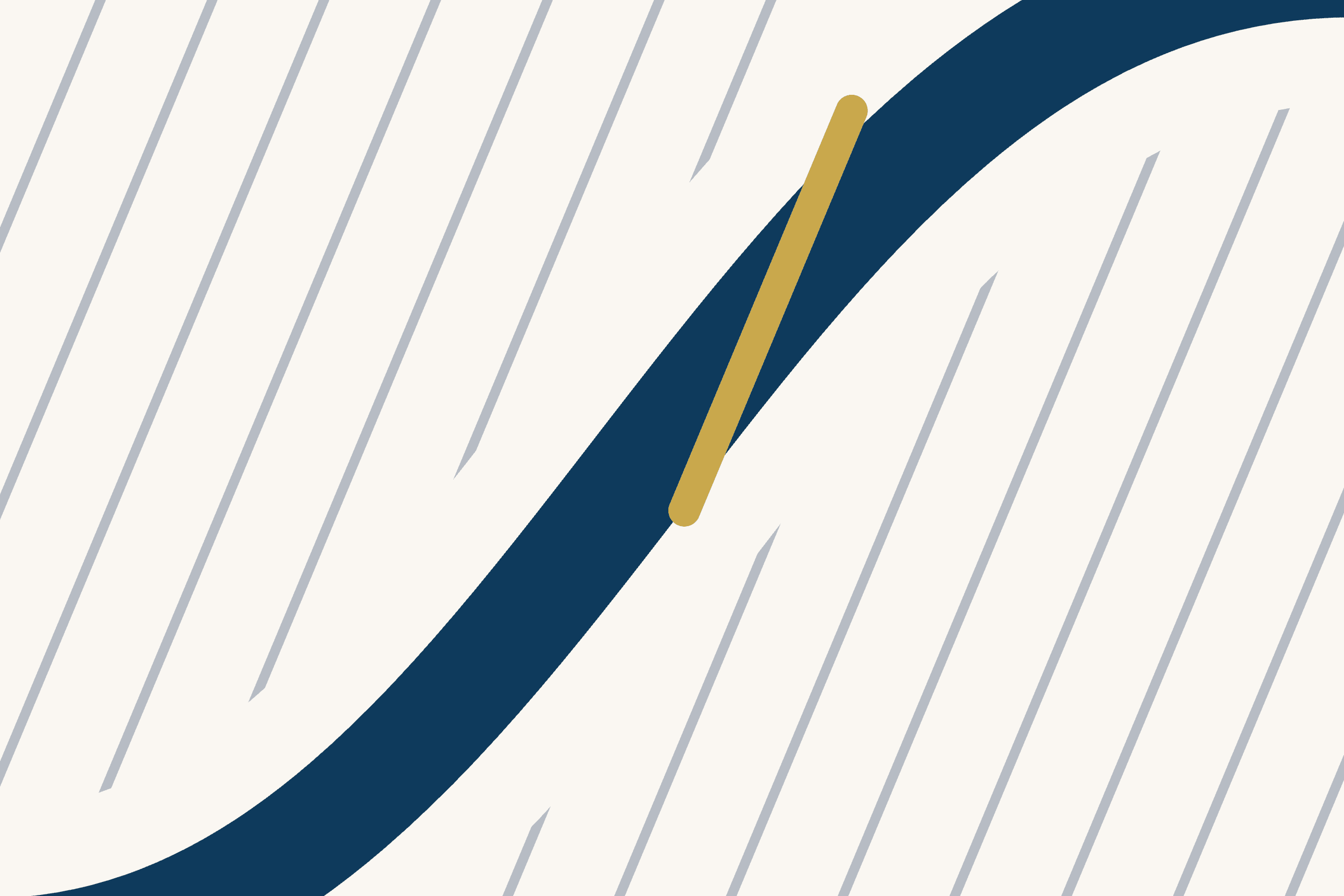 Grey diagonal lines run across a cream ground. A broad dark blue curve sweeps up from the lower left to the upper right, breaking each line it crosses. A short gold stroke lies across the curve where it climbs.