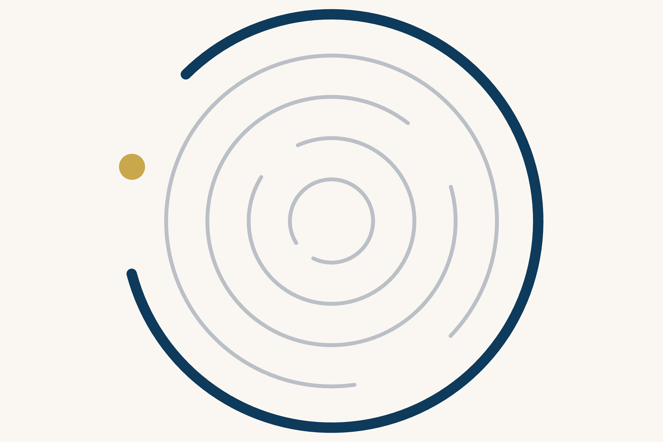 Five concentric grey rings on a cream ground, each with a stretch left open. The outermost ring is drawn heavier in dark blue, and a single gold dot sits in the gap it leaves on the left.