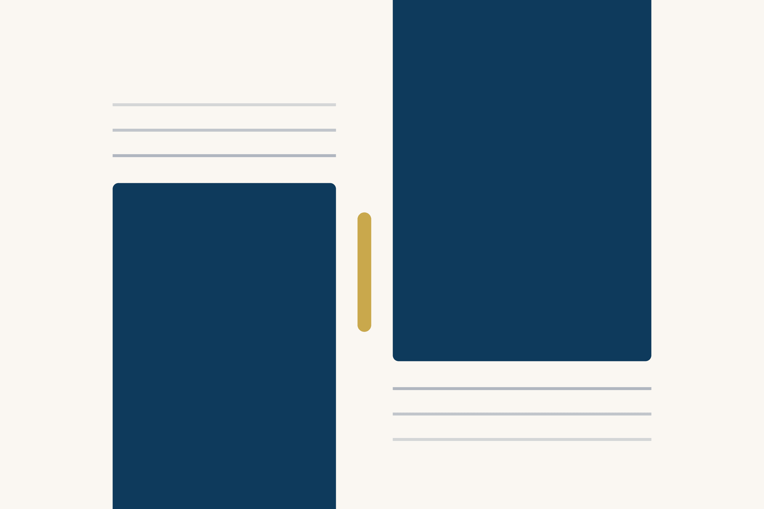 Two dark blue blocks on a cream ground fail to meet. One rises from the bottom on the left, the other hangs from the top on the right, and three faint grey lines mark each edge. A thin gold bar stands in the space between them.