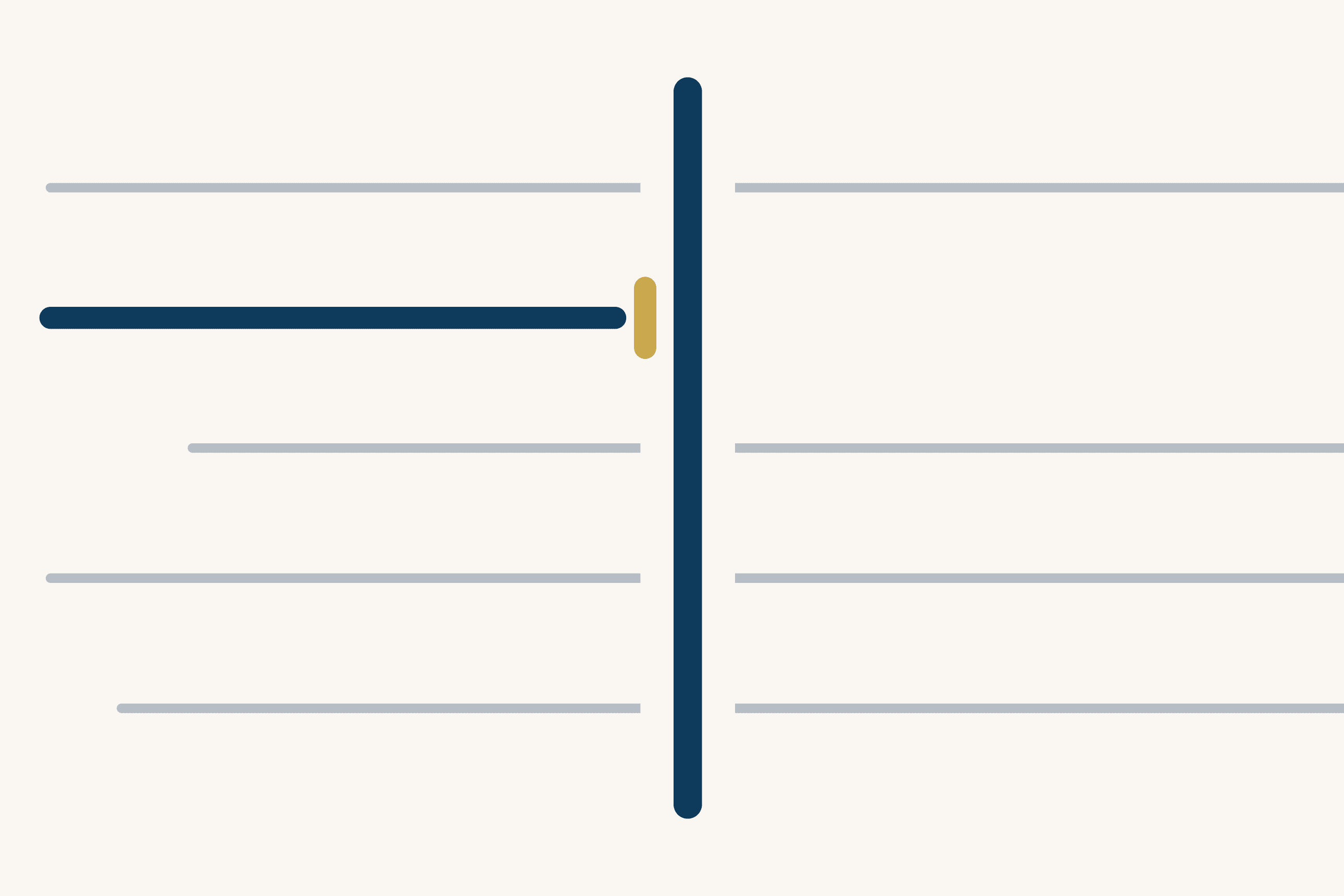 Five faint grey rules cross a cream ground and pass through a thick dark blue vertical barrier. The second rule is a thick dark blue line that stops just short of the barrier at a short gold mark.