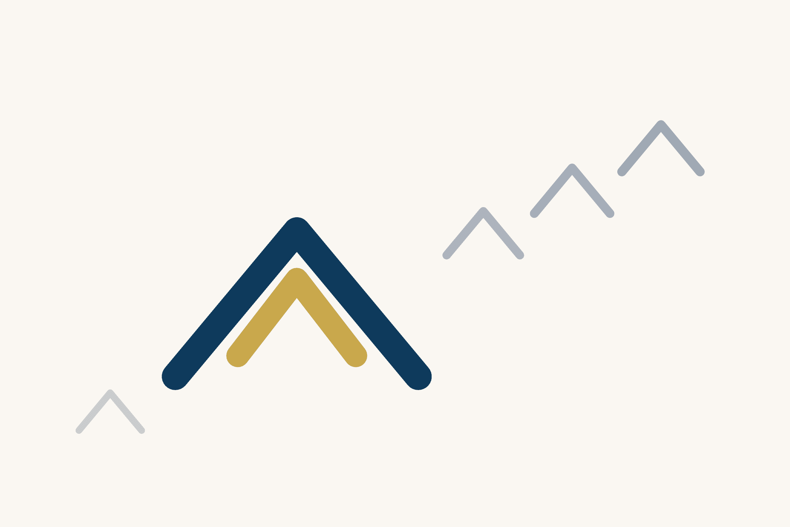 Five carets climb from lower left to upper right on a cream ground. The second from the left, low on the climb, is drawn large in deep blue with a gold caret nested inside it. The other four are thin and grey.