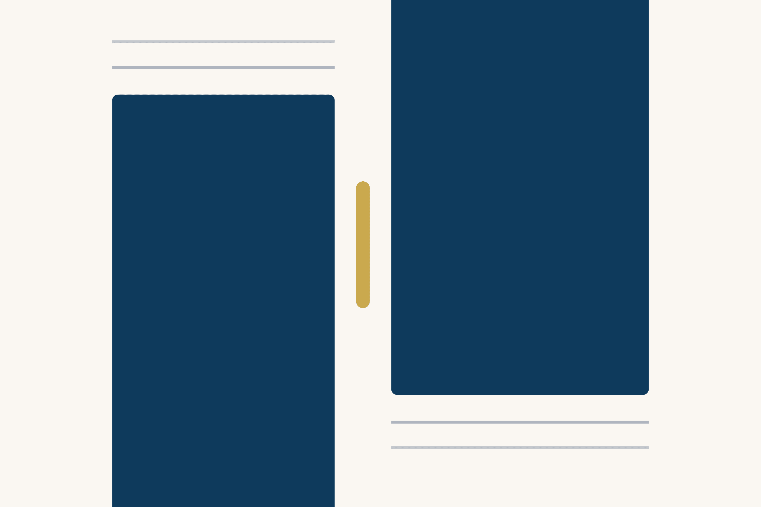 Two tall dark blue blocks stand on a cream ground, the left one set lower than the right, with two grey lines above the left block and two below the right. A short gold bar stands upright in the gap between them.