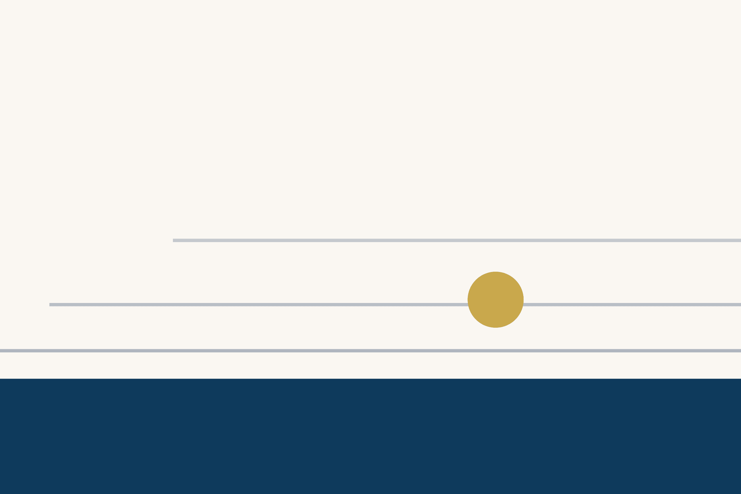 Three faint grey lines run across a cream ground above a wide dark blue band, like a horizon at dusk. A single gold disc sits on the middle line, right of center.