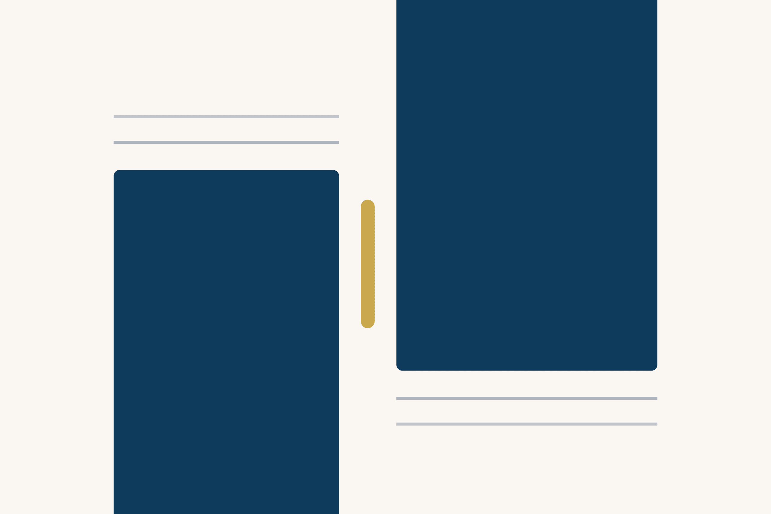 Two dark blue blocks on a cream ground fail to meet. One rises from the bottom on the left, the other hangs from the top on the right, and two faint grey lines mark each edge. A thin gold bar stands in the space between them.