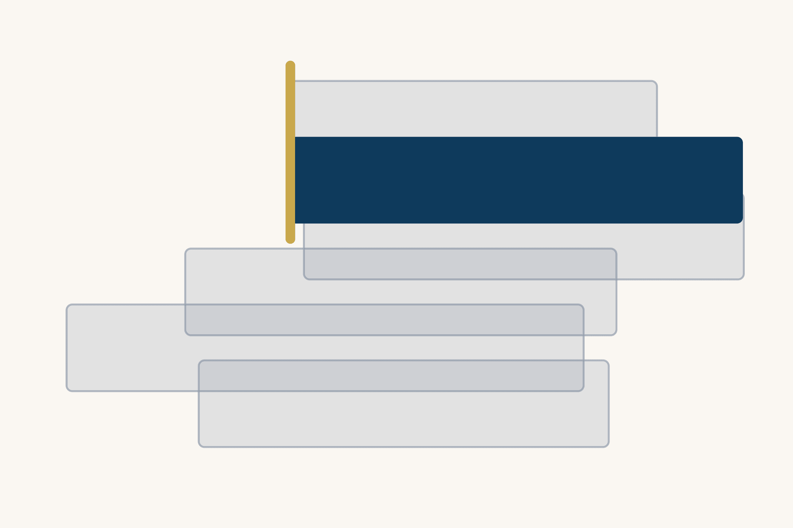 Six translucent grey bands stacked in staggered rows like layers of sediment. The second band from the top is solid dark blue, and a thin gold upright marks its left edge.