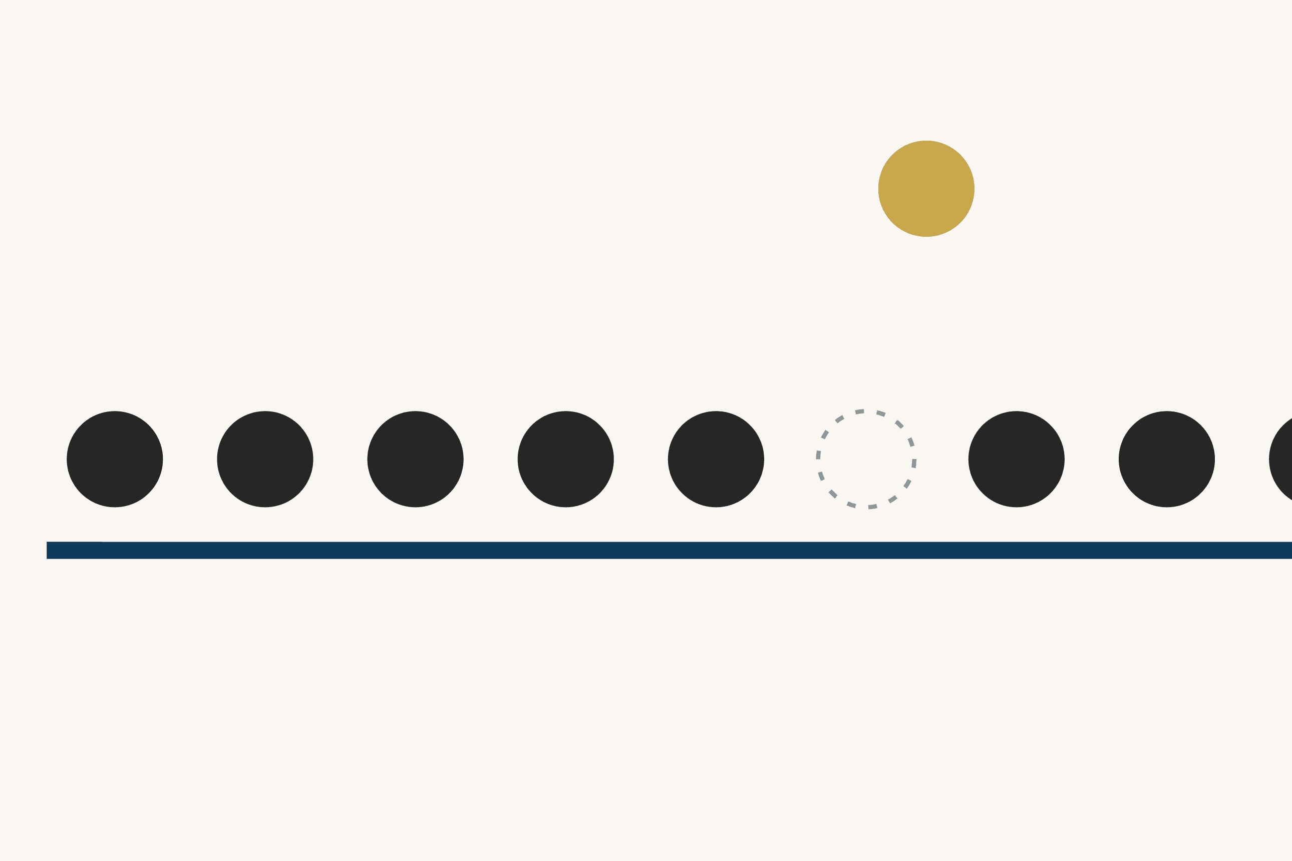 A line of round dark grey figures stands on a dark blue rule across a cream ground and runs off the right edge. The sixth place in the line is an empty dashed outline, and the figure who stood there floats above the line in gold.