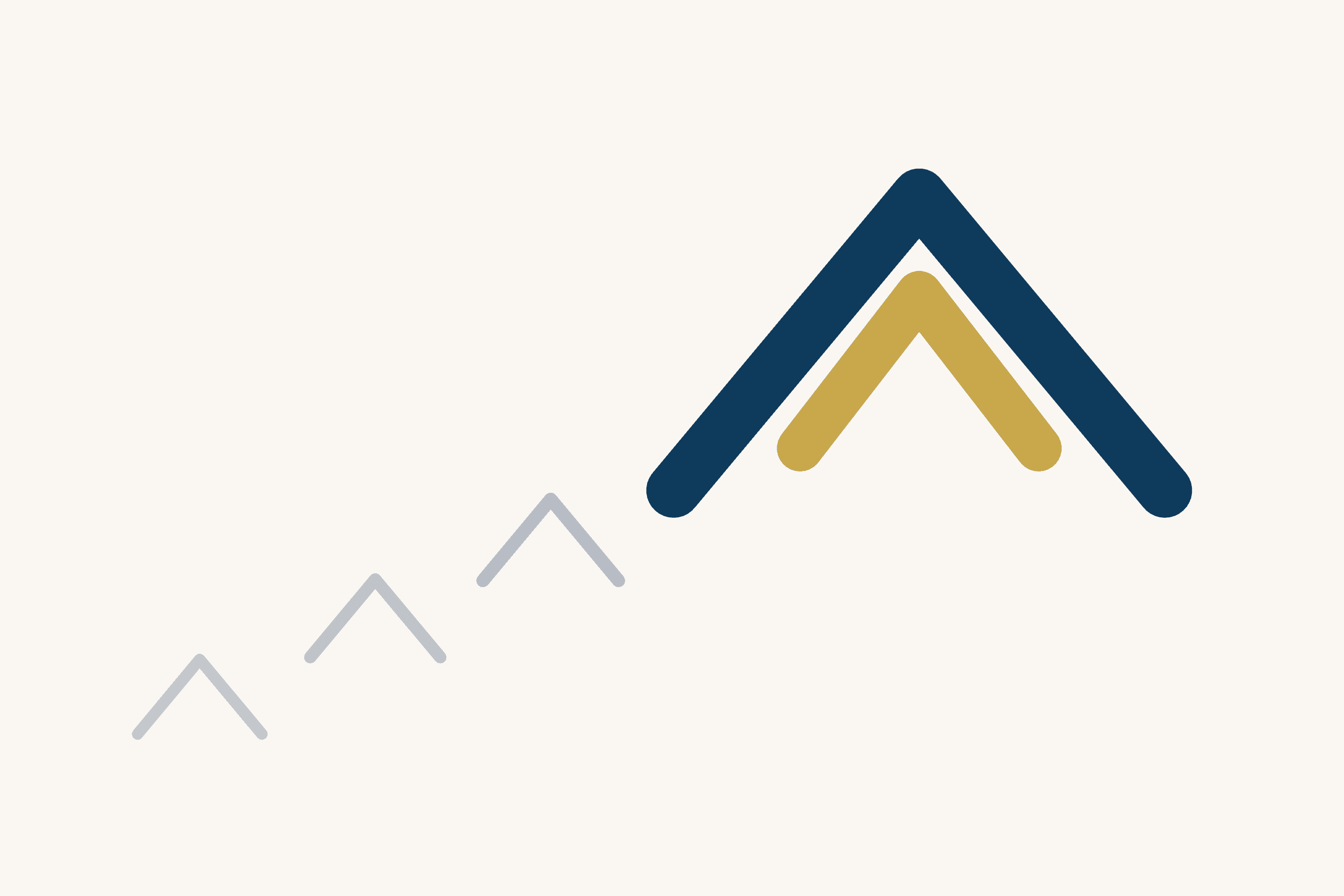 Four carets climb from lower left to upper right across a cream ground: three small grey outlines, then a large dark blue caret with a smaller gold caret nested inside it.