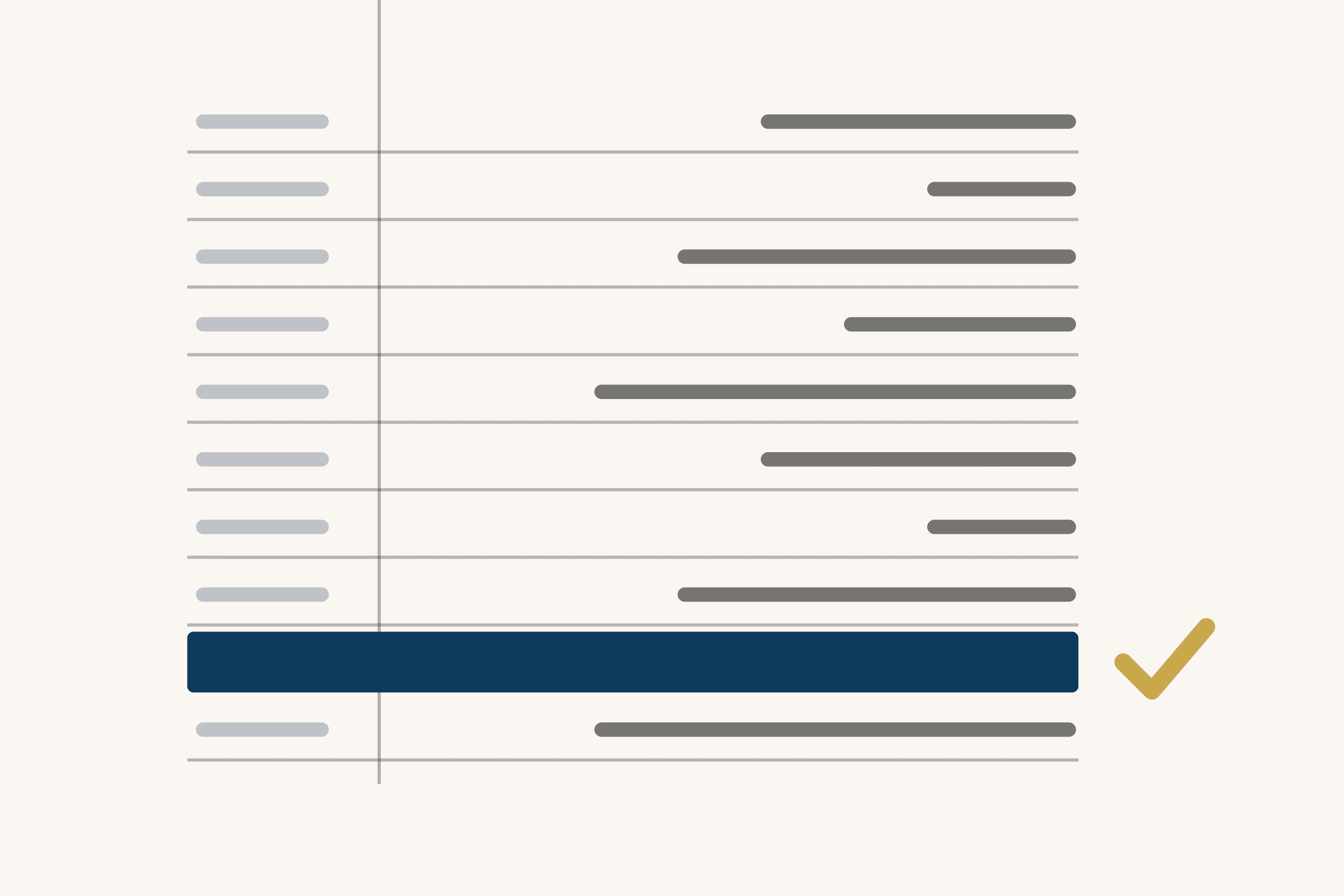 Ten ledger rows ruled in grey on a cream ground. One row near the foot is drawn as a solid dark blue bar, and a single gold tick stands beside it.