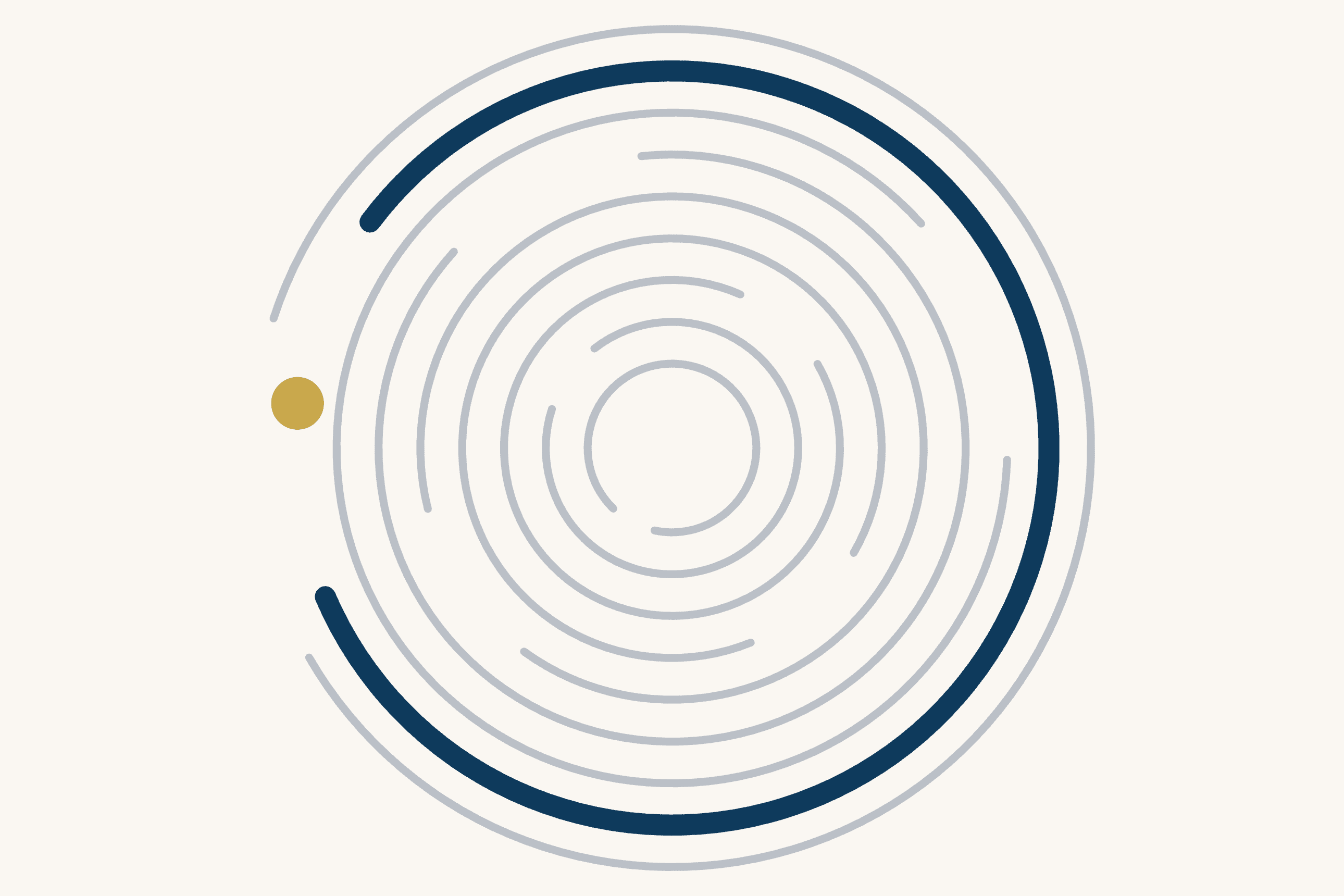 Concentric grey rings, several of them broken, sit inside a heavy dark blue arc on a cream ground. A single gold disc rests just outside the rings, on the left.