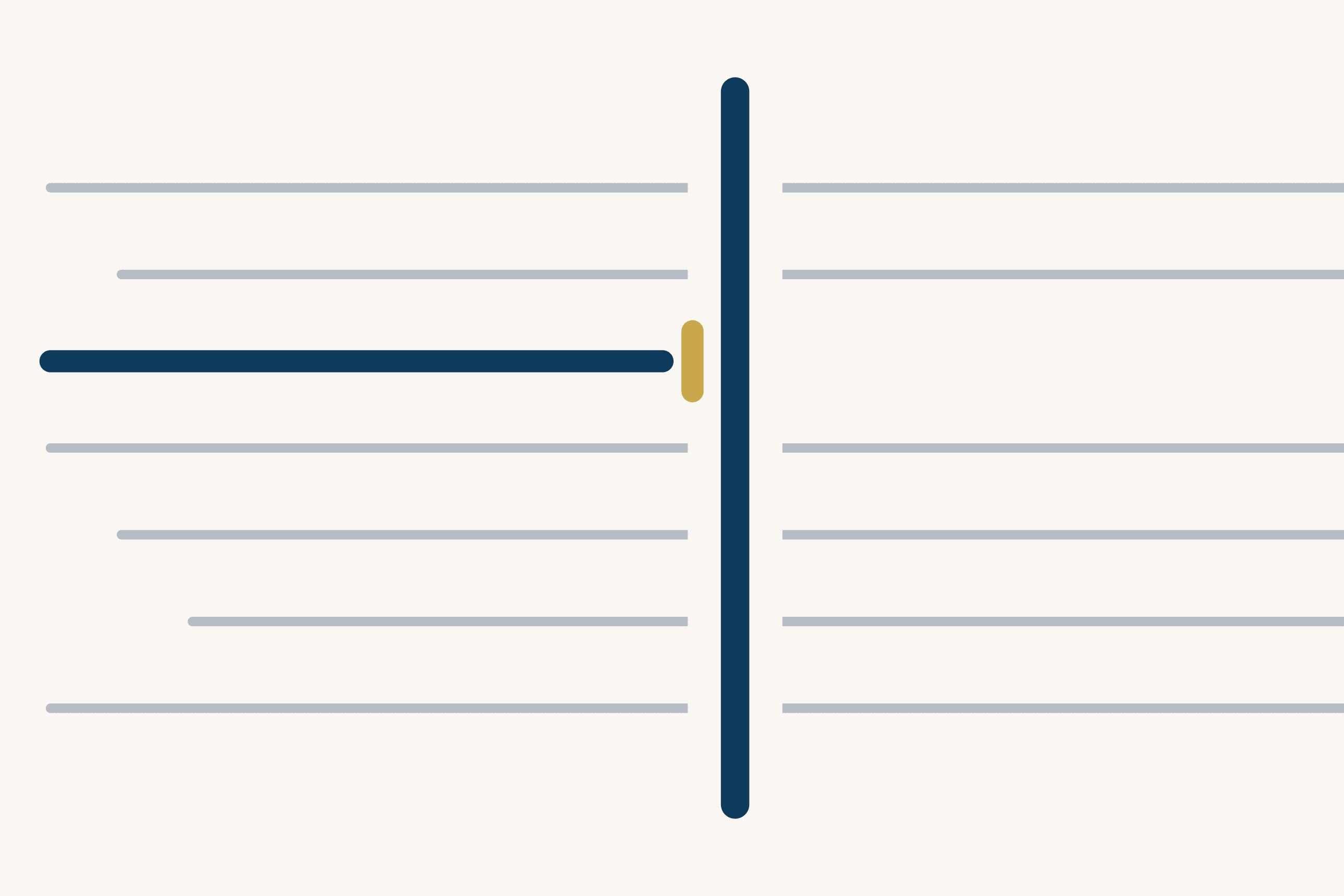 Seven lines run left to right across a cream ground toward a tall dark blue bar. Six are grey and continue past it. The third is drawn in dark blue and stops just short of the bar, where a short gold mark catches it.