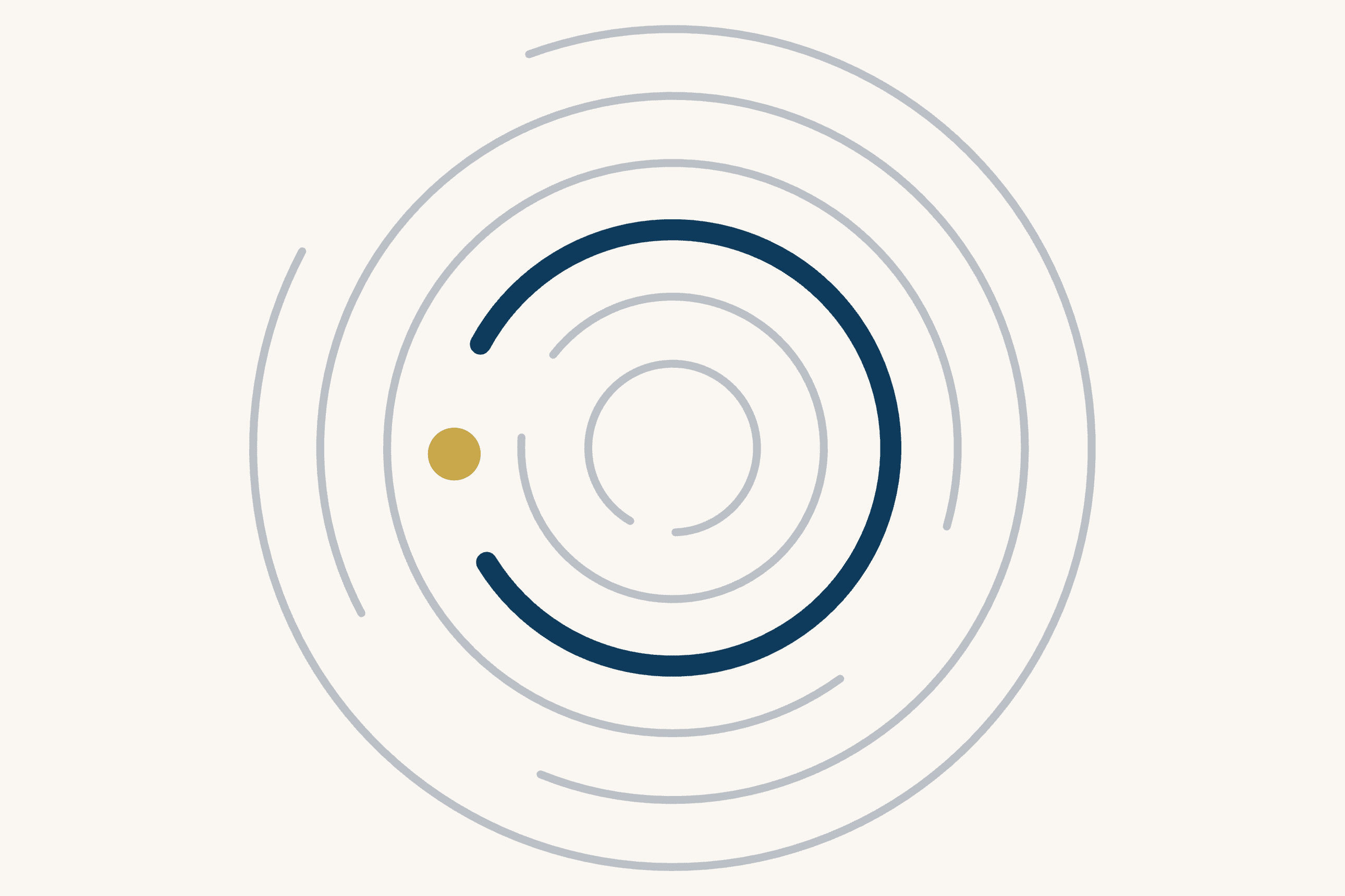 Broken steel rings nest around a common centre on a cream ground. One ring is drawn heavier, in dark blue, and a single gold dot sits in the opening where that ring breaks.