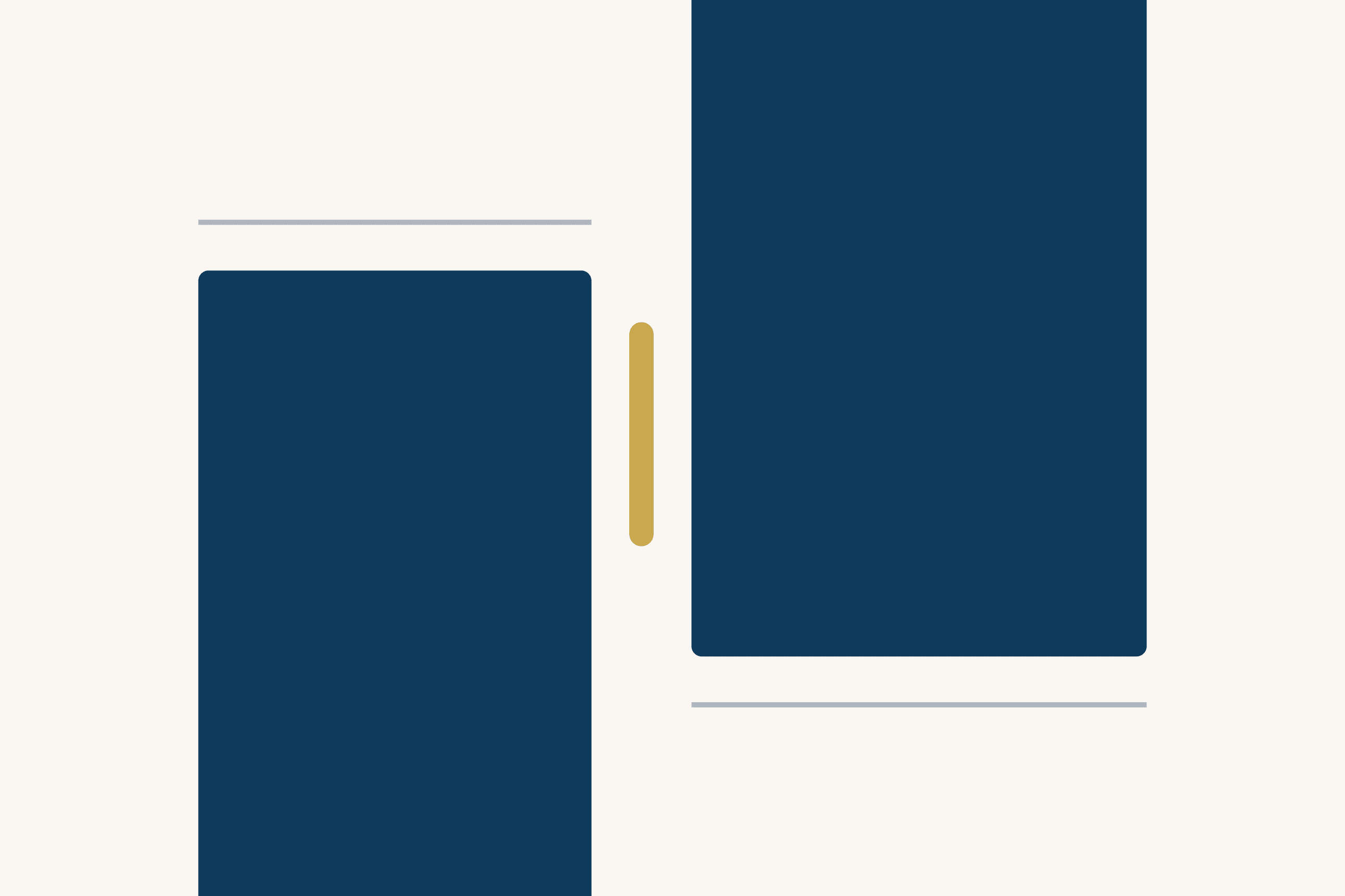 Two tall dark blue blocks stand side by side on a cream ground, the left one set lower than the right, each with a thin grey line beside it. A short gold bar stands upright in the gap between them.