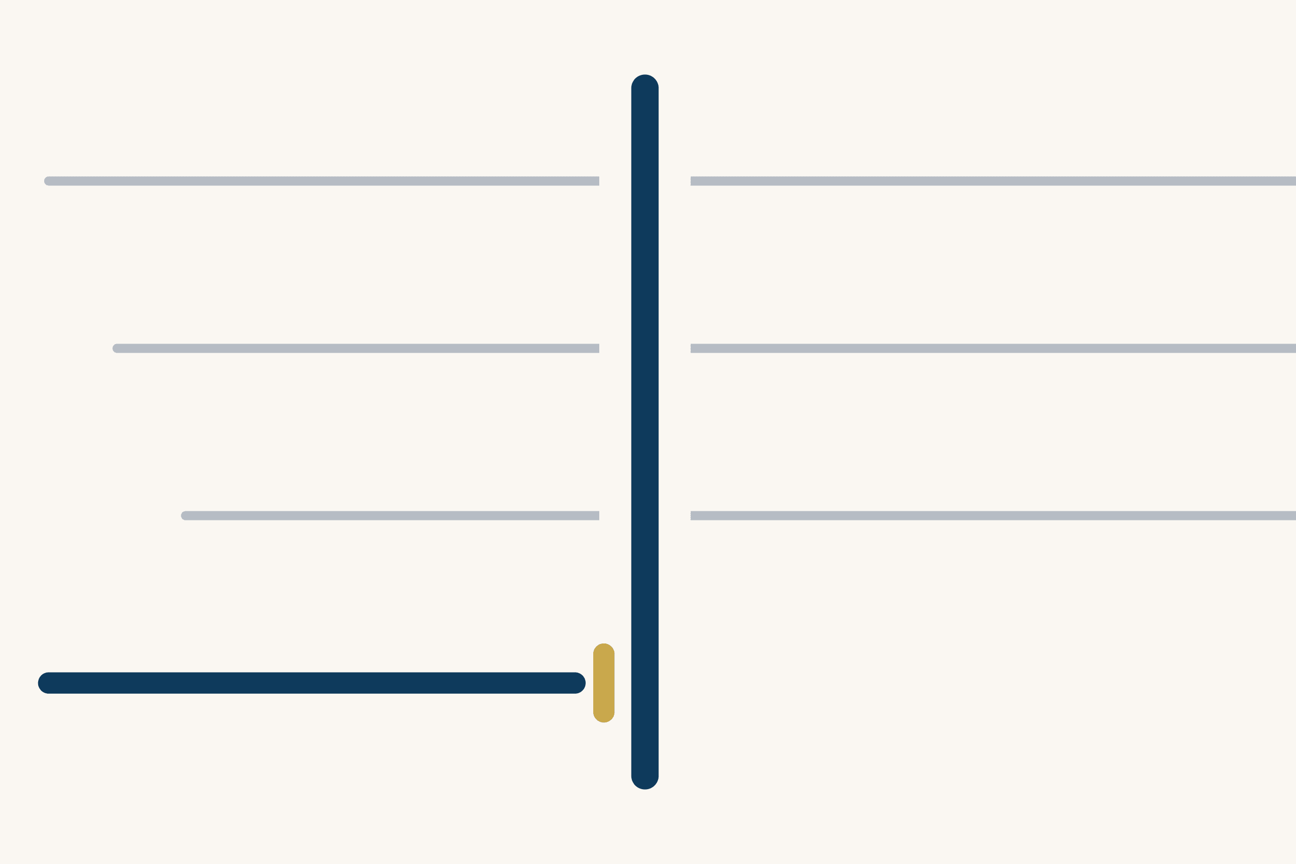 Four lines run left to right across a cream ground toward a tall dark blue bar. The top three are grey and continue past it. The bottom line is dark blue and ends at the bar, held by a short gold stop.