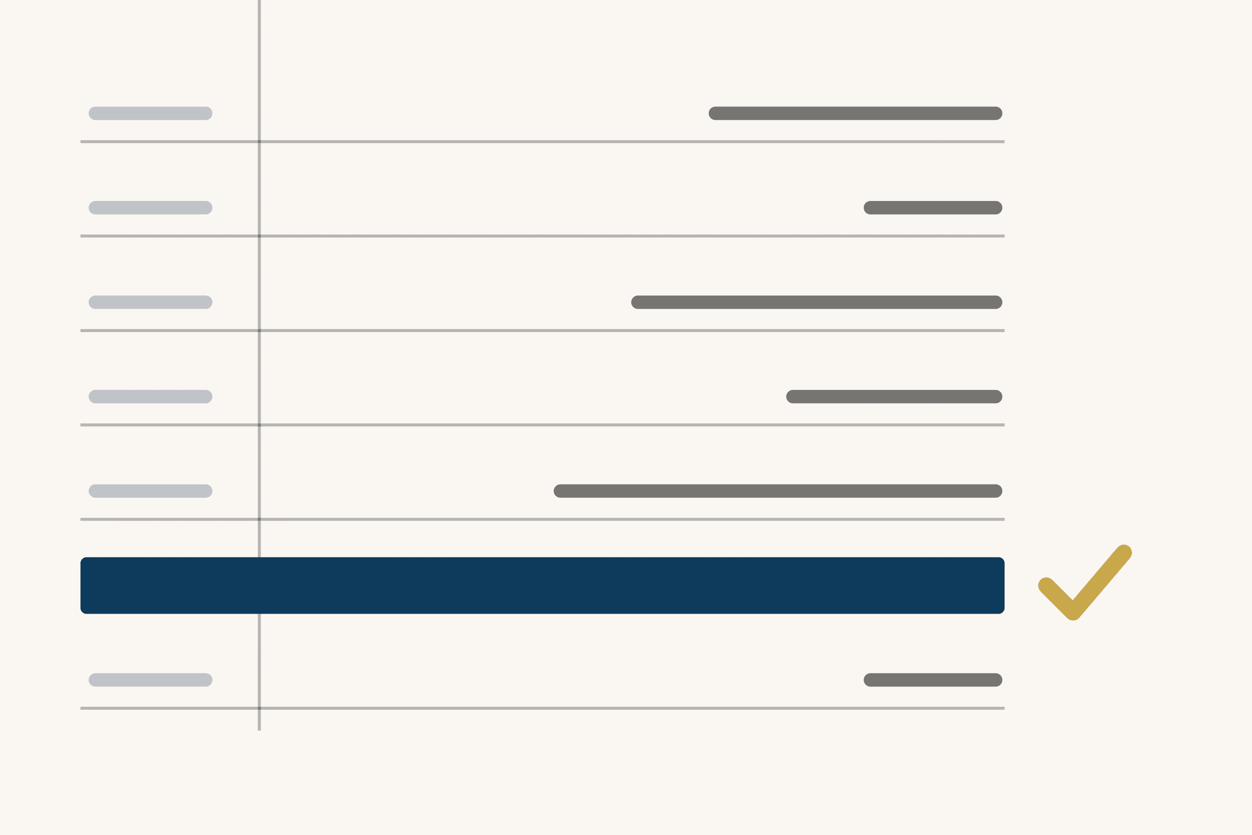 Seven ruled rows on a cream field, like the lines of a ledger, each with a short grey entry on the left and a longer one on the right. The sixth row is filled solid in deep blue, and a gold tick sits just past its right end.