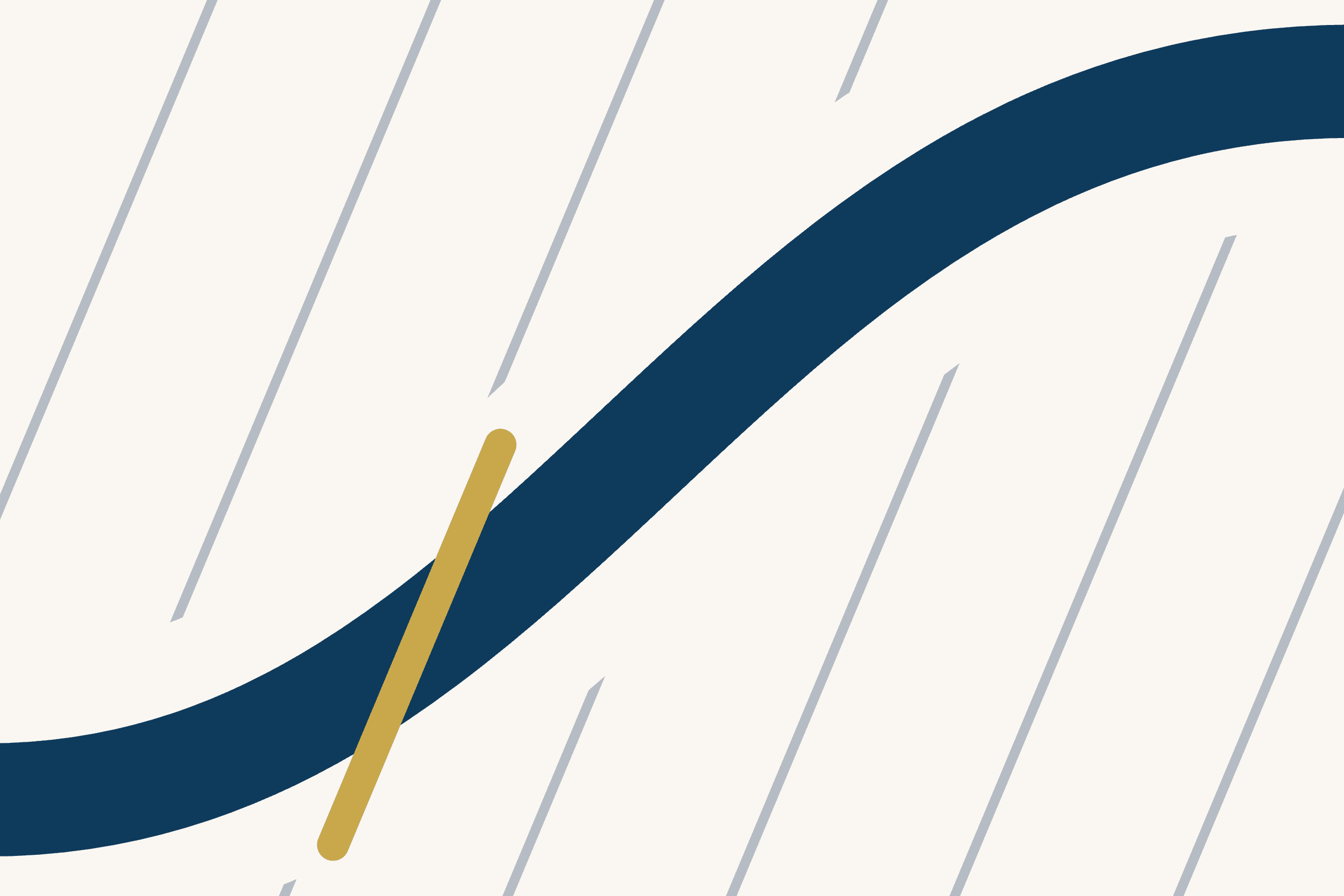 Thin grey diagonal lines run across a cream ground, broken where a broad dark blue curve sweeps up from the lower left to the upper right. A short gold stroke cuts across the curve near its lower end.