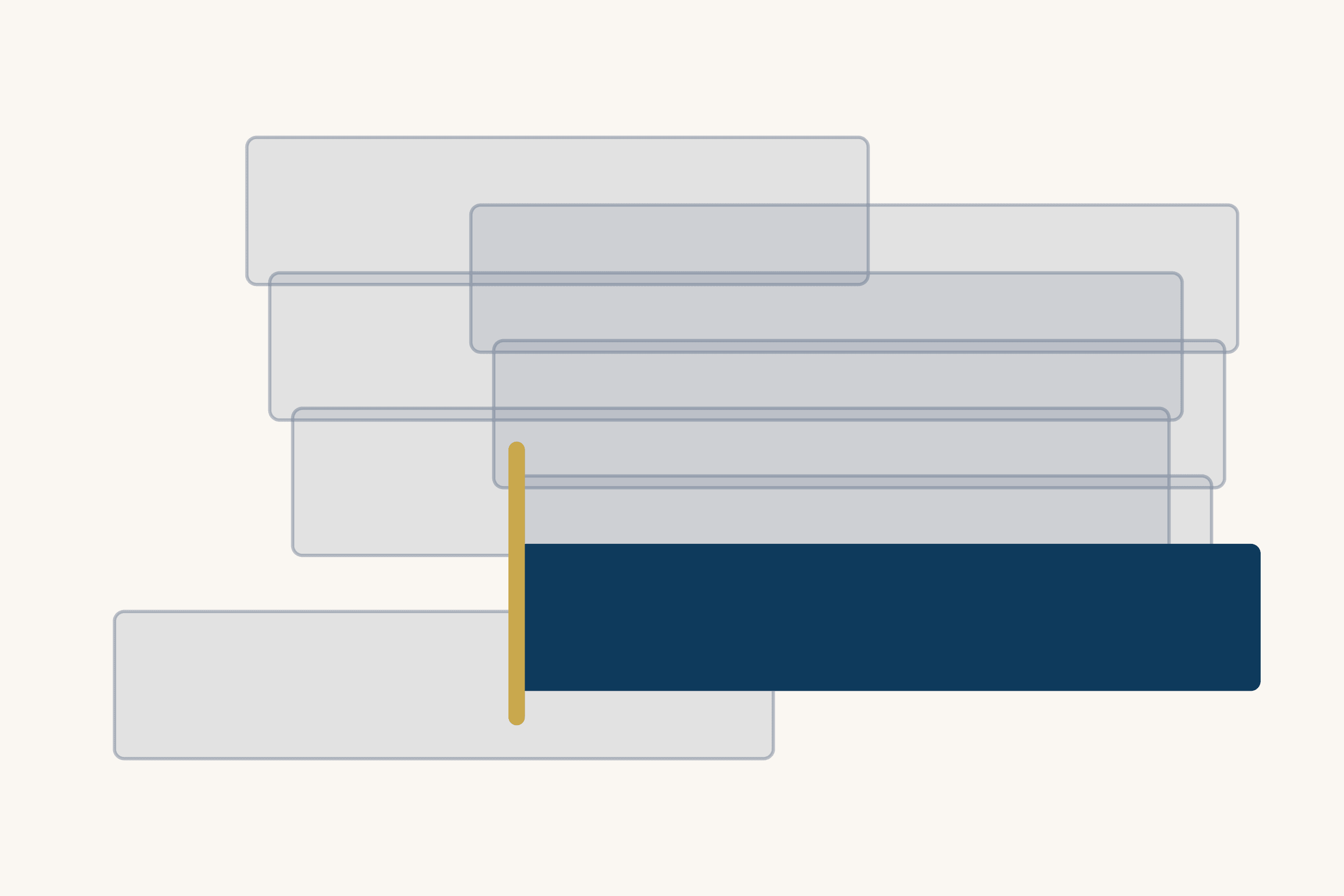 Seven translucent grey slabs stacked in staggered rows, with one solid dark blue slab near the bottom. A thin gold upright marks the blue slab’s left edge.