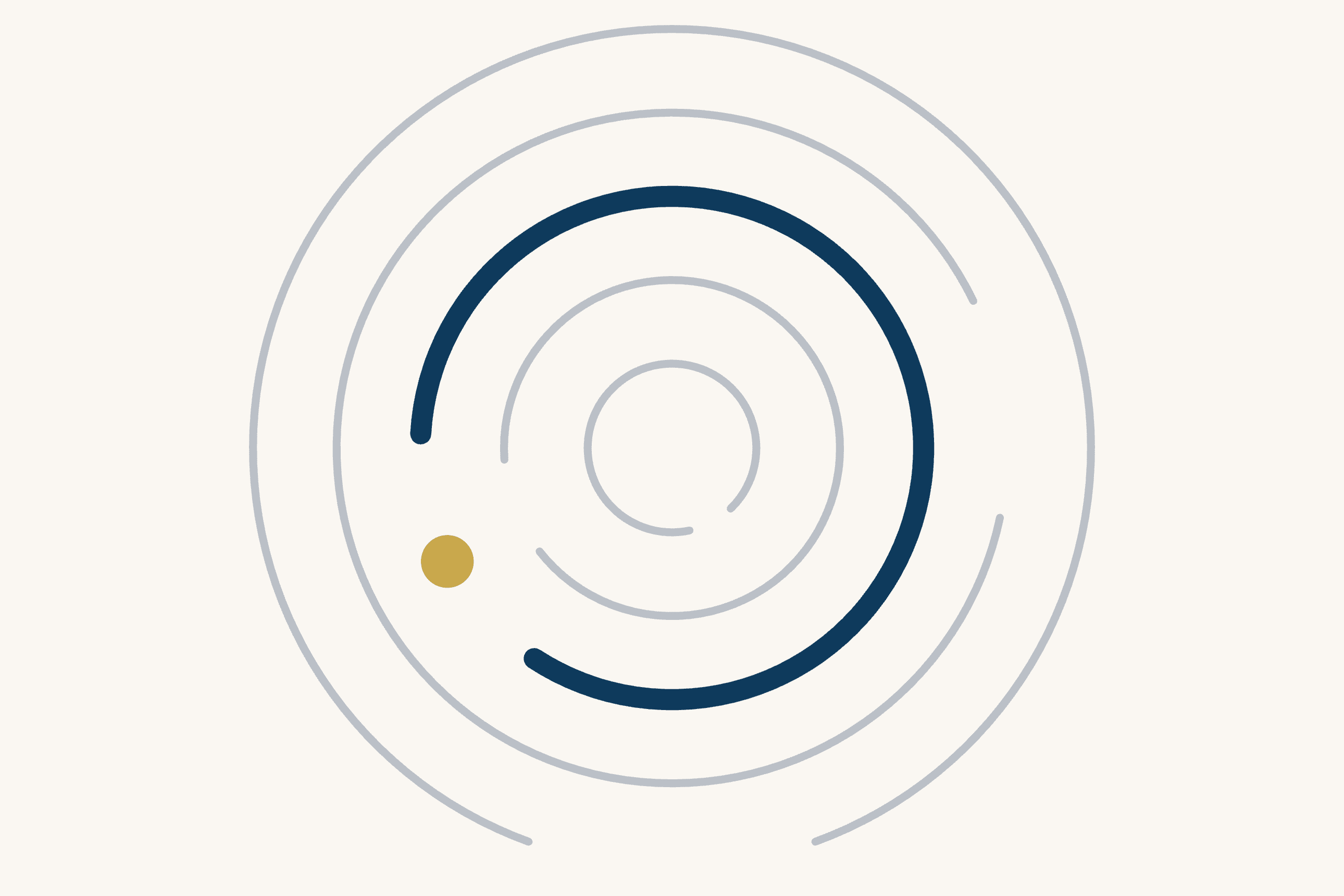 Five broken grey rings circle a common centre on a cream ground. The third ring, thicker and dark blue, opens at its lower left, and a small gold dot sits just outside it in the gap.