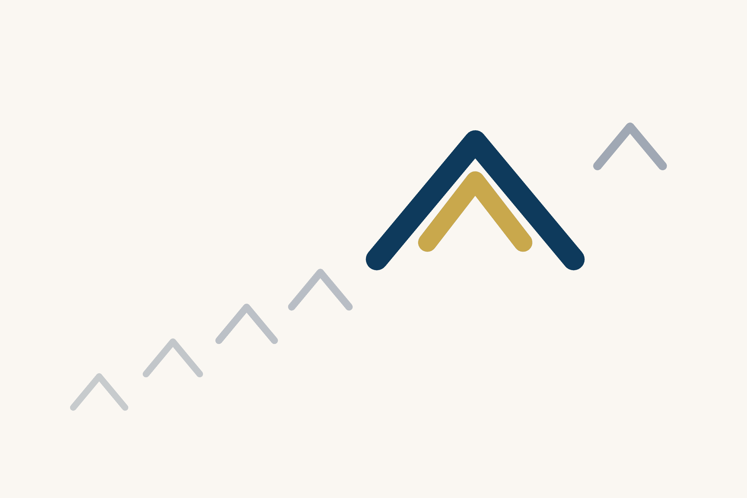 Six carets climb from lower left to upper right on a cream ground. The fifth, high on the climb, is drawn large in deep blue with a gold caret nested inside it. The other five are thin and grey: four below it and one beyond it.