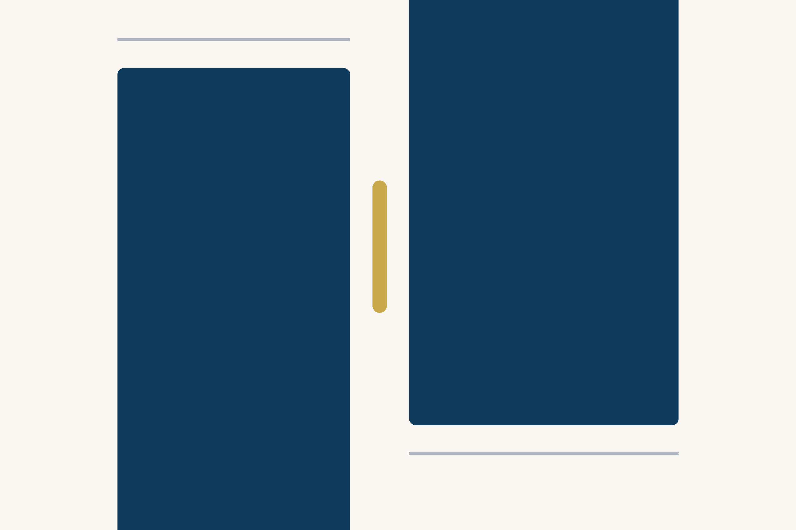 Two dark blue blocks on a cream ground stand side by side and overlap in height without touching. A tall one rises from the bottom on the left, another hangs from the top on the right, and one faint grey line marks each outer edge. A thin gold bar stands in the narrow space between them.