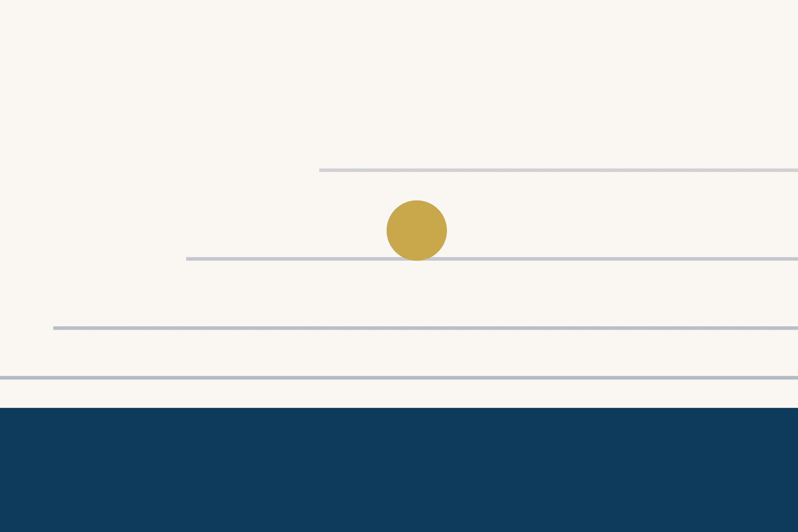 A dark band of sea under a pale sky. Four thin grey lines sit above the waterline, each starting further to the right than the one below. A single gold dot rests on the third line.