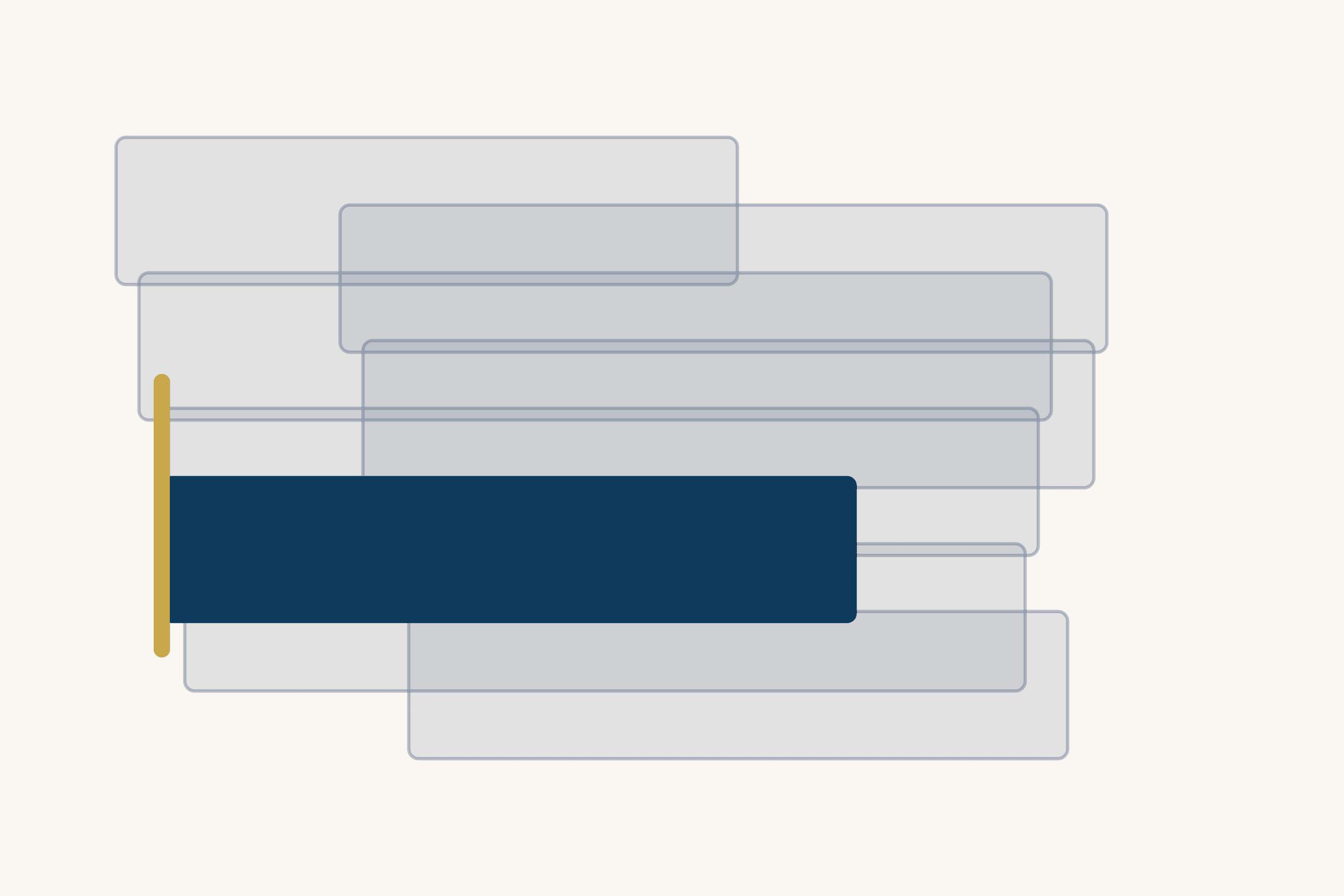 Eight translucent grey slabs overlap in a loose stack on a cream ground. One slab is solid dark blue, and a single gold bar stands at its left edge, holding it in place.