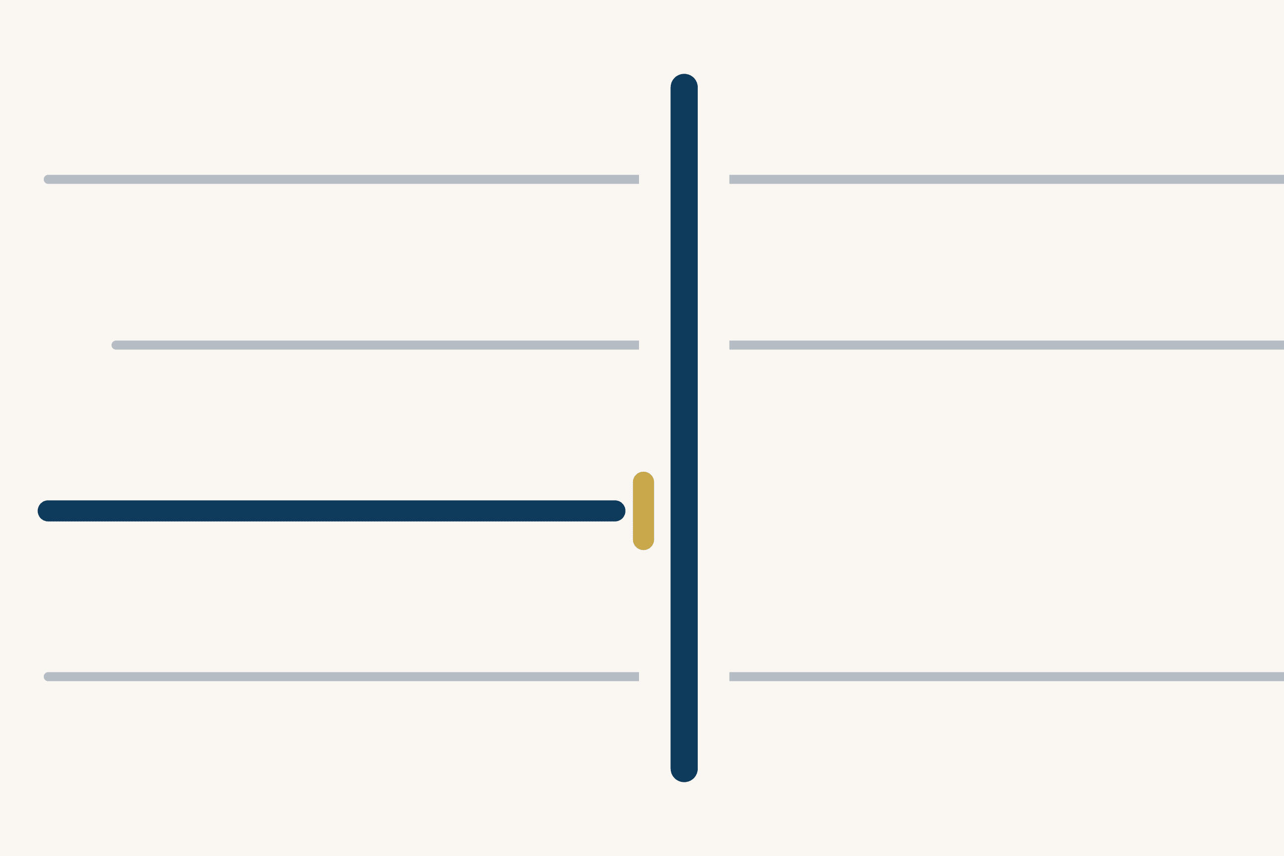 Four rules cross a cream ground, cut by a thick dark blue vertical bar. On the third rule a thick dark blue line runs in from the left and stops just short of the bar, held by a short gold catch. The other three rules are faint grey and carry on past the bar.