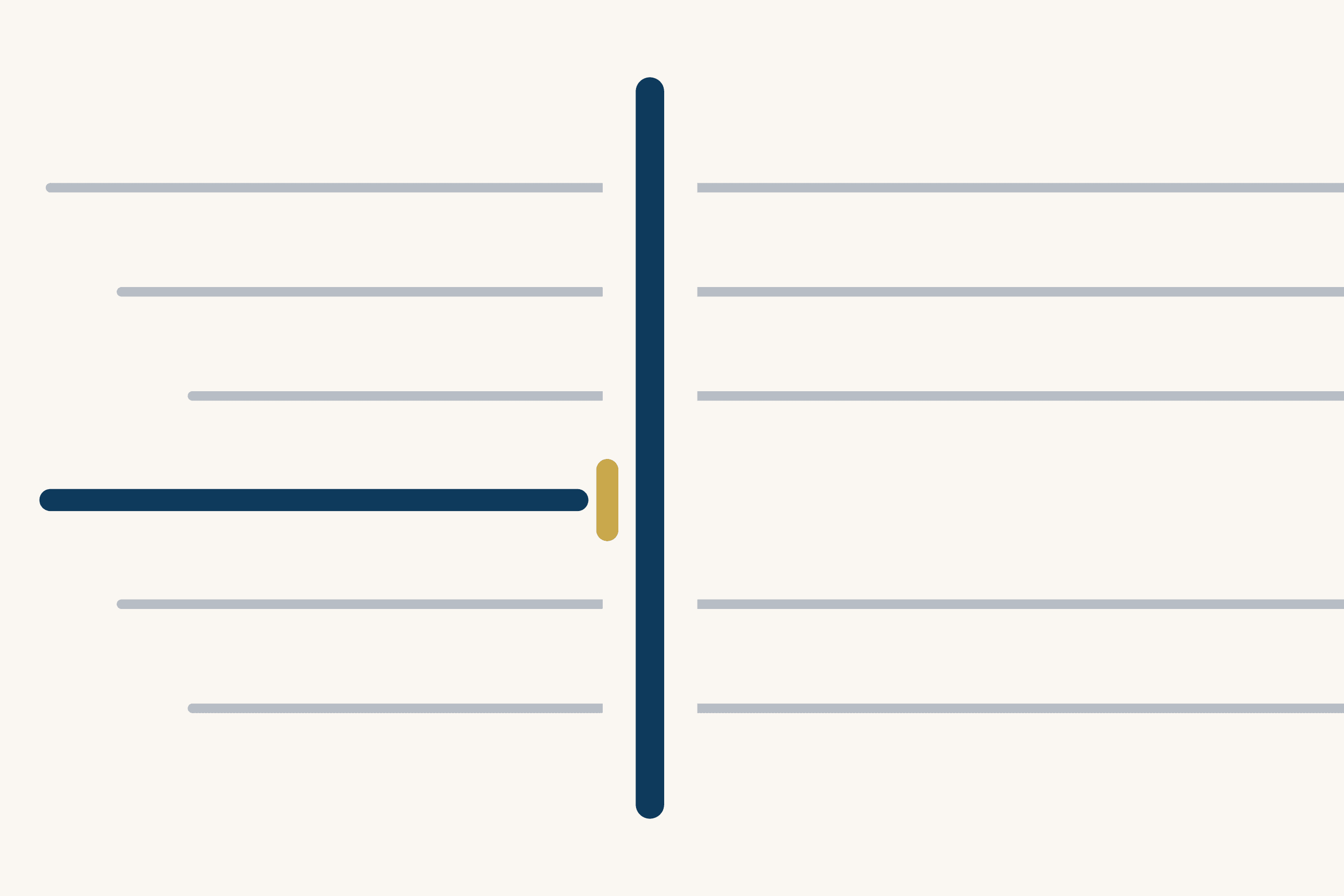 Six lines run left to right across a cream ground toward a tall dark blue bar. Five are grey and continue past it. The fourth is dark blue and ends at the bar, held by a short gold stop.
