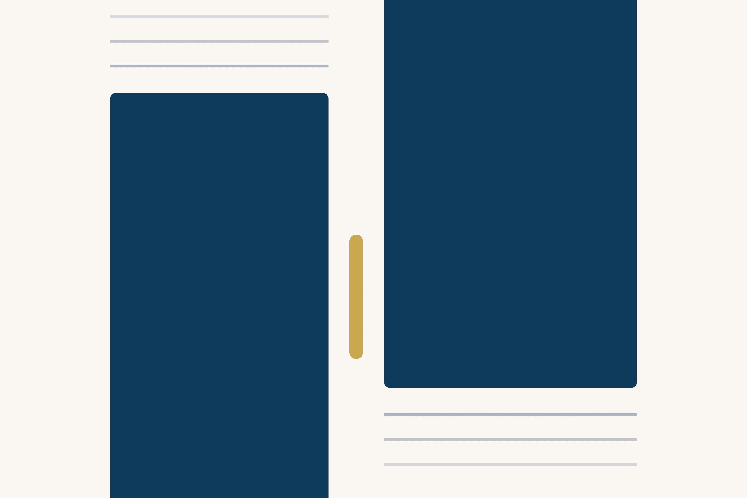 Two tall dark blue blocks stand on a cream ground, the left one set low and the right one set high, with three grey lines above the left block and three below the right. In the gap between them stands a short gold bar.